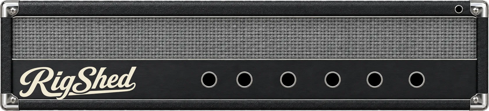The RigShed clean amp head: six knobs across the control panel — gain, bass, mid, treble, presence and master