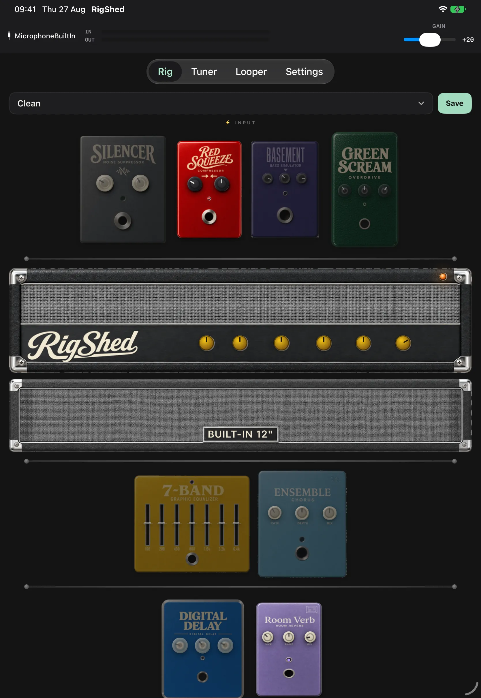 RigShed running on iPad: three pedals above a RigShed amp head and 12-inch cabinet, with an equaliser, chorus, delay and reverb below