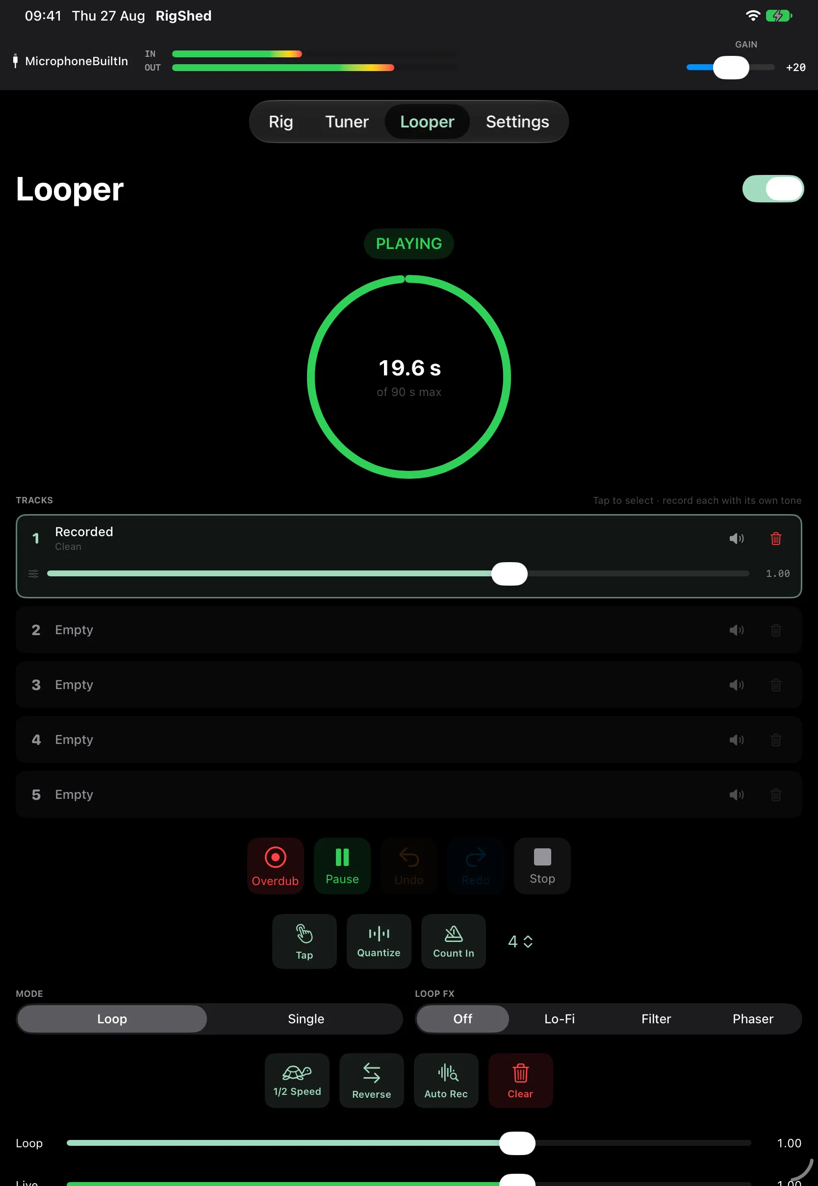 RigShed's looper on iPad: track strips above the transport, each showing the preset it was recorded through