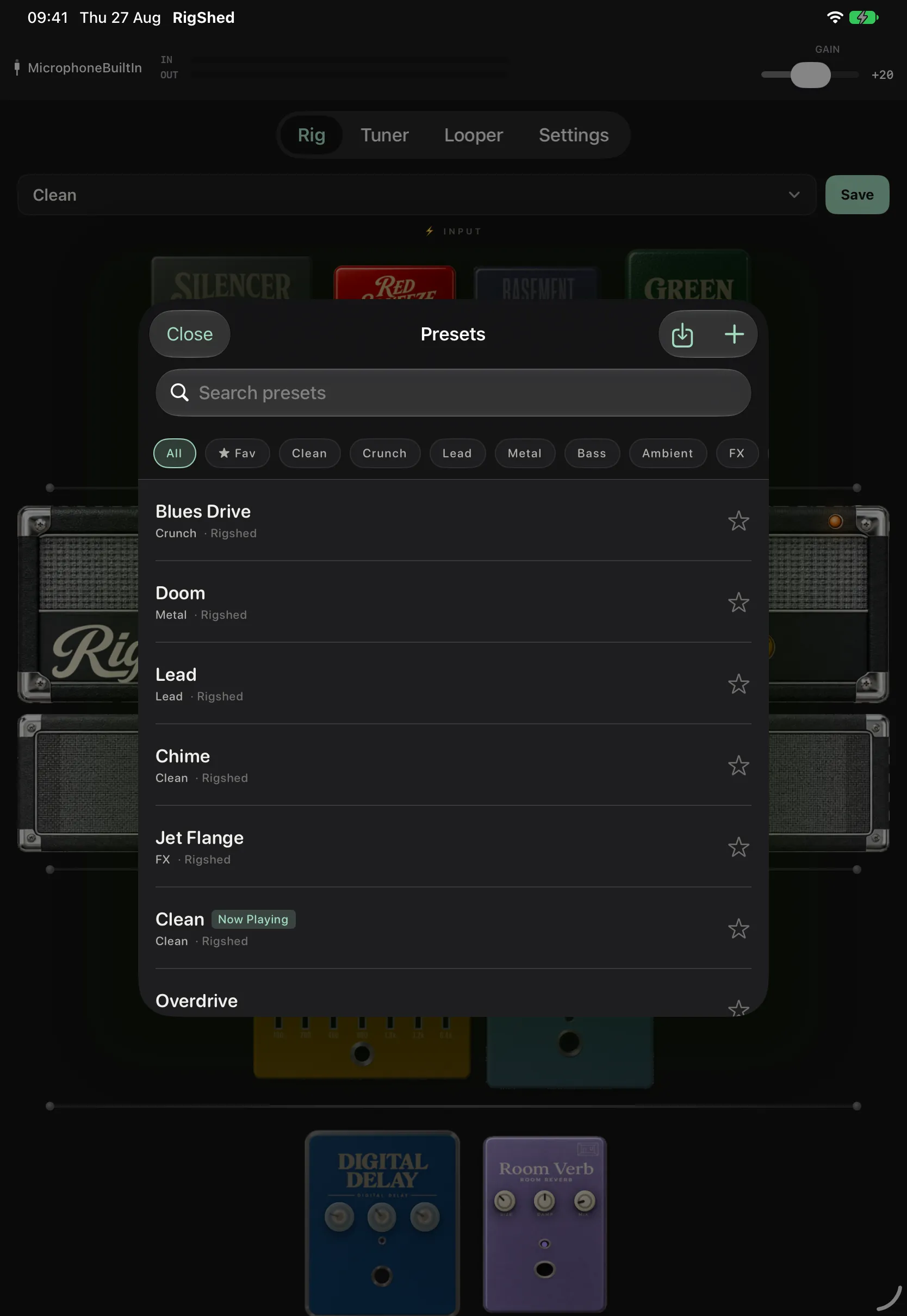 The RigShed preset browser, with category filters for clean, crunch, lead, metal, bass, ambient and FX