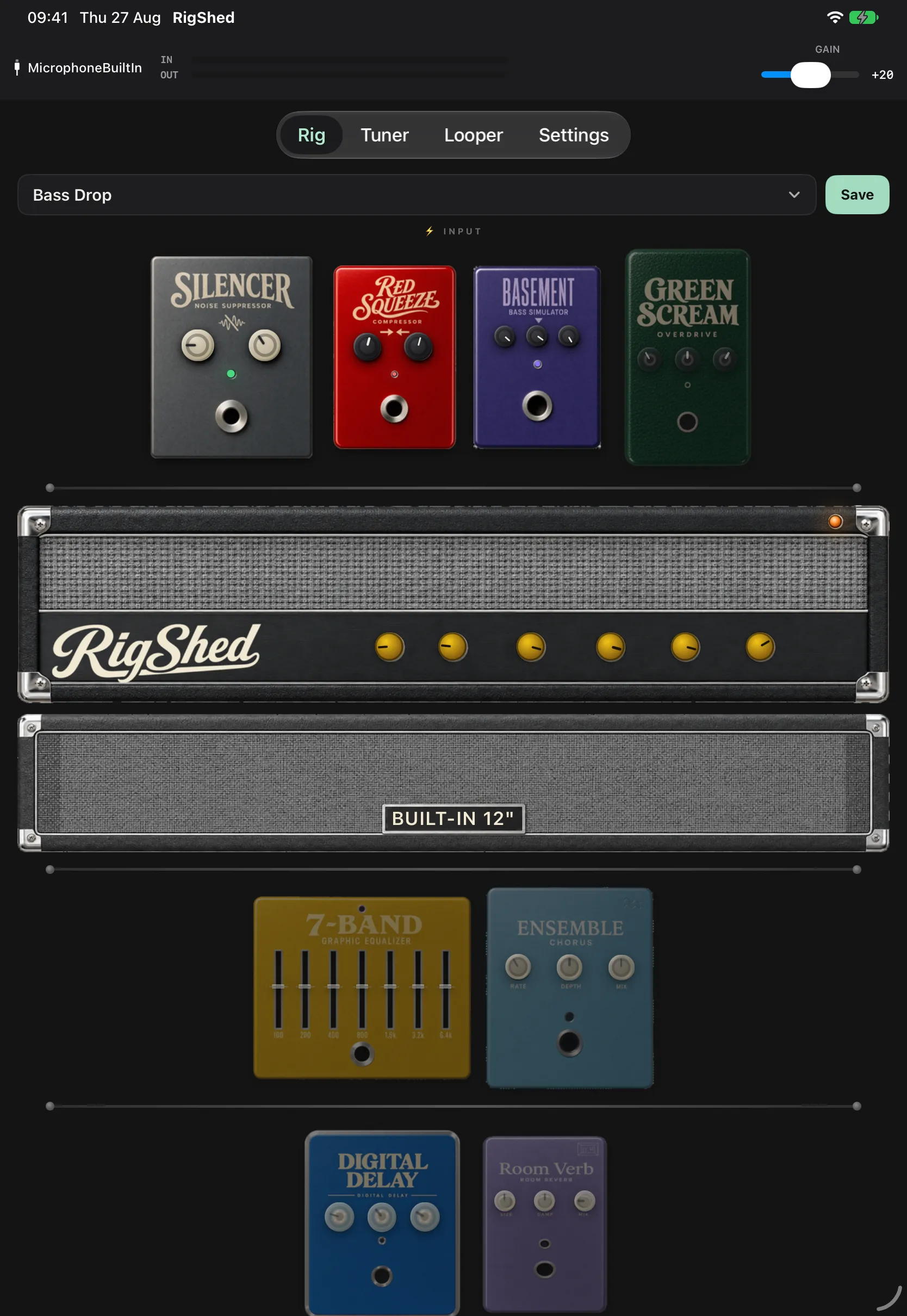 The Bass Drop preset loaded in RigShed: Basement engaged with a compressor in front of it and the amp in its bass voicing
