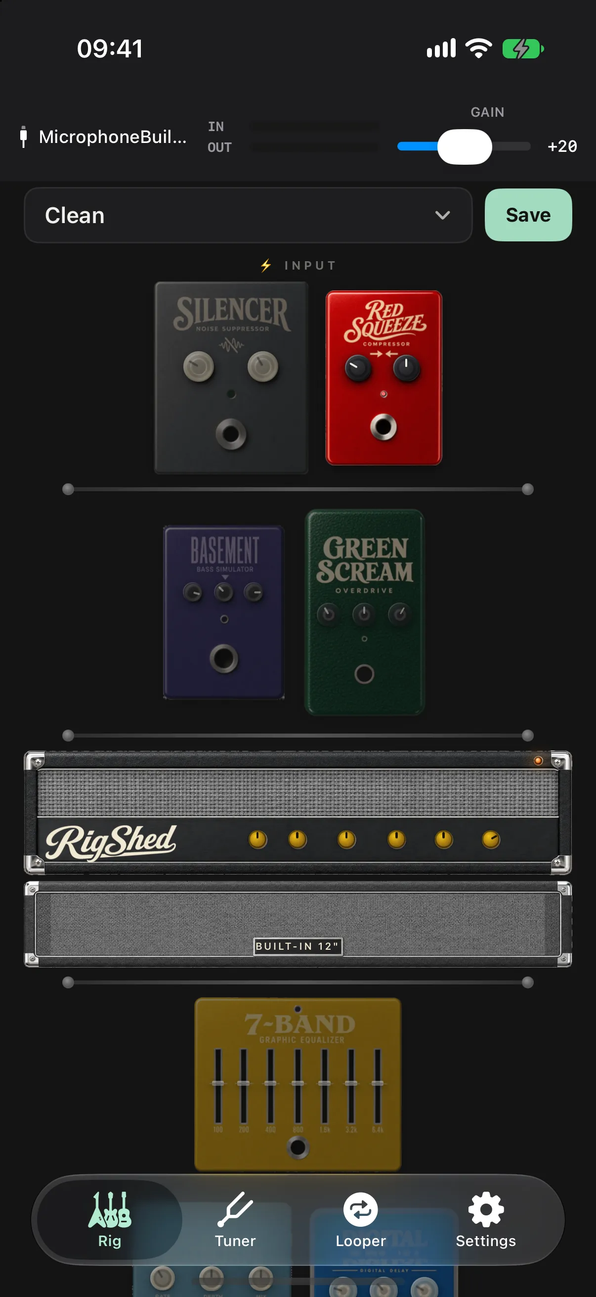 RigShed on iPhone: the pedal chain, amp head and cabinet stacked in portrait, with a tab bar along the bottom