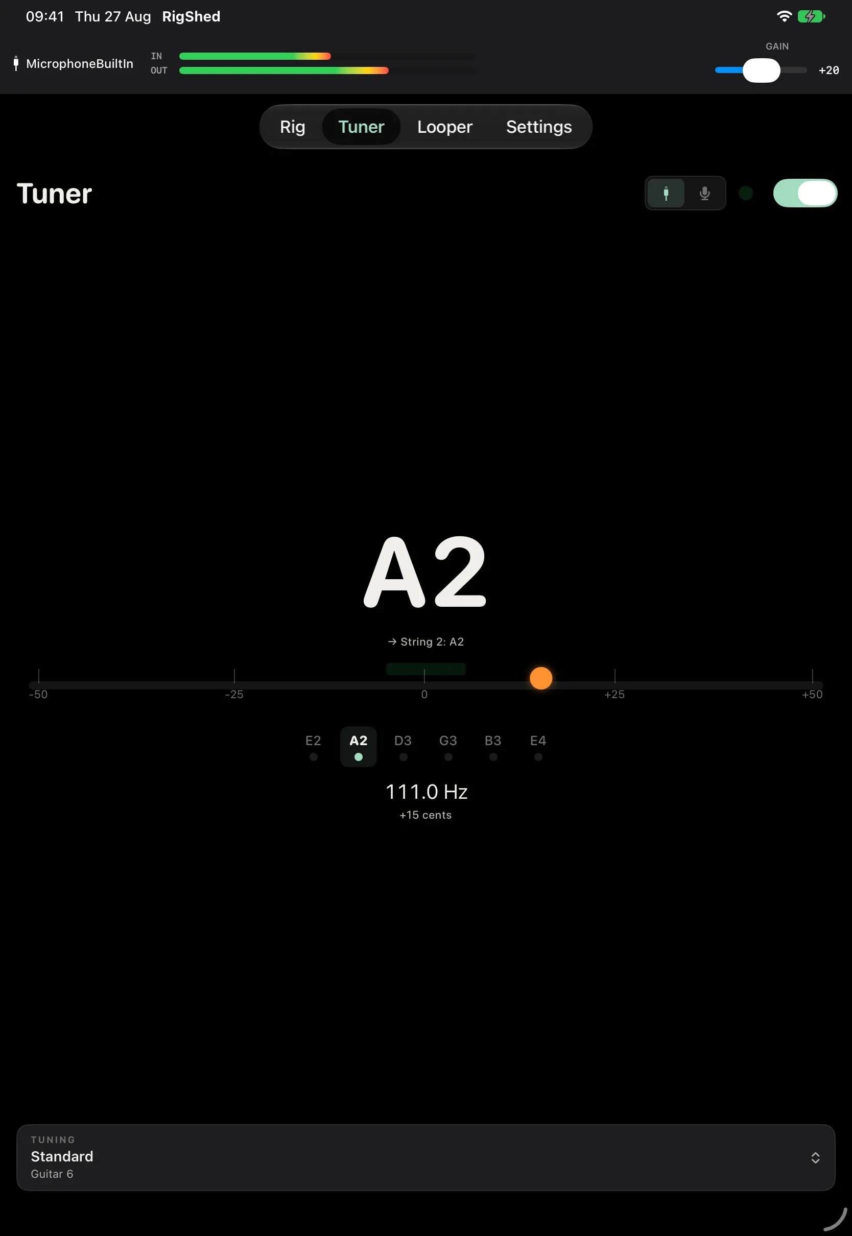 The RigShed tuner reading A2, with the needle showing the note slightly sharp