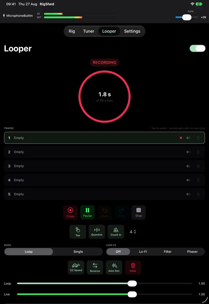 The RigShed looper mid-loop, showing the timer ring and five track strips